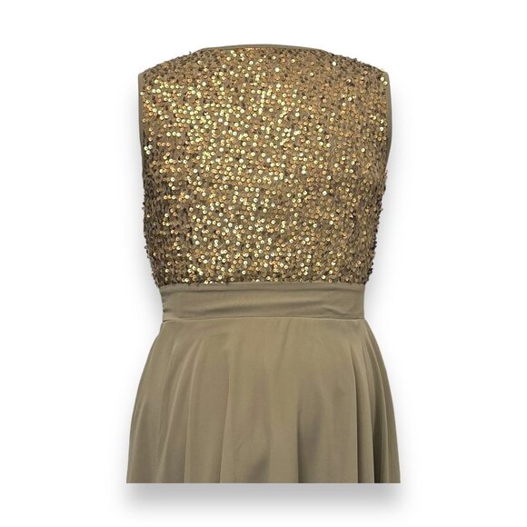 Sequin Embellished Venus Womens Dress V-Neck Sleeveless Khaki & Gold A-Line US S - Picture 6 of 11